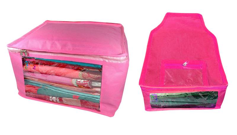 Atorakushon non wovan Fabric Combo Saree Cover Blouse Clothes Storage Bag Wardrobe Organiser Set of 2 (Pink)
