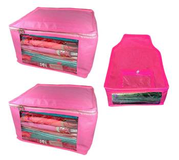 Atorakushon non wovan Fabric Combo Saree Cover Blouse Clothes Storage Bag Wardrobe Organiser Set of 3 (Pink) 1