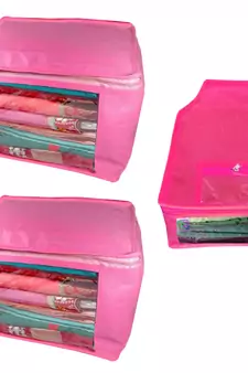 Atorakushon non wovan Fabric Combo Saree Cover Blouse Clothes Storage Bag Wardrobe Organiser Set of 3 (Pink)