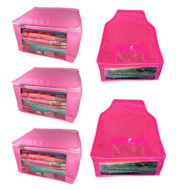 Atorakushon non wovan Fabric Combo Saree Cover Blouse Clothes Storage Bag Wardrobe Organiser Set of 5 (Pink) 1