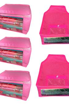 Atorakushon non wovan Fabric Combo Saree Cover Blouse Clothes Storage Bag Wardrobe Organiser Set of 5 (Pink)