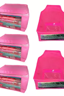 Atorakushon non wovan Fabric Combo Saree Cover Blouse Clothes Storage Bag Wardrobe Organiser Set of 5 (Pink)