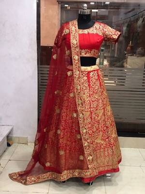 Red embroidered satin semi stitched lehenga 1