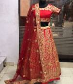Red embroidered satin semi stitched lehenga