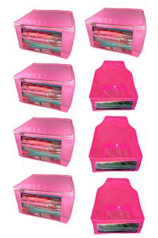 Atorakushon non wovan Fabric Combo Saree Cover Blouse Clothes Storage Bag Wardrobe Organiser Set of 8 (Pink)