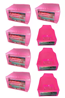 Atorakushon non wovan Fabric Combo Saree Cover Blouse Clothes Storage Bag Wardrobe Organiser Set of 8 (Pink)