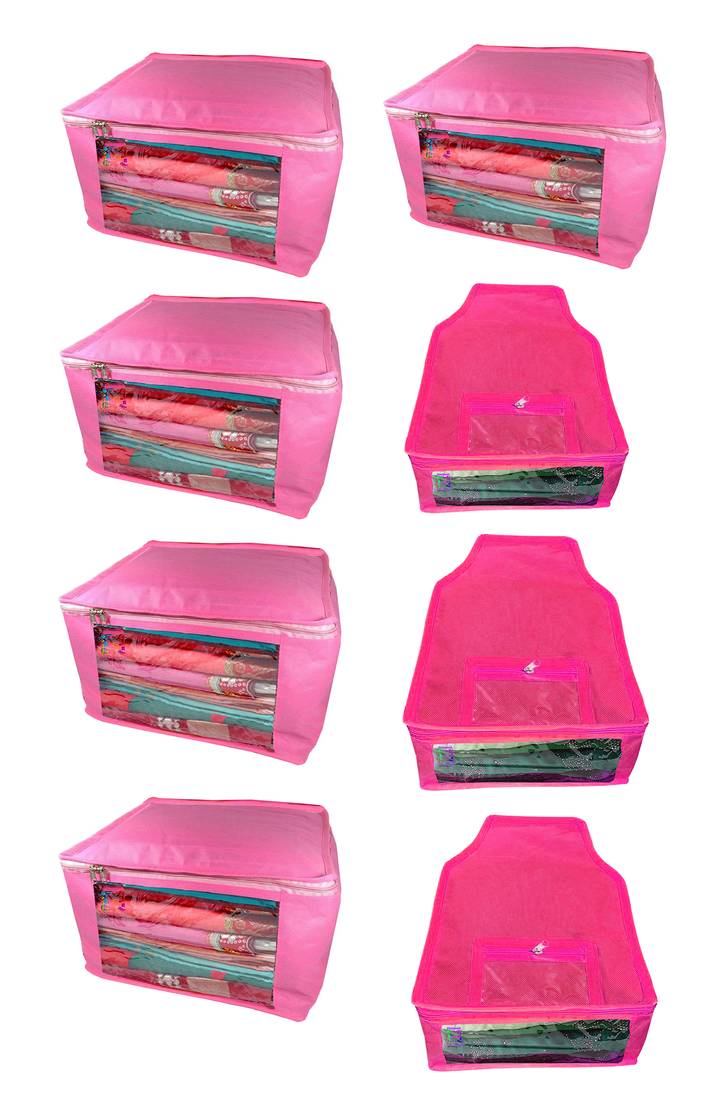 Atorakushon non wovan Fabric Combo Saree Cover Blouse Clothes Storage Bag Wardrobe Organiser Set of 8 (Pink)