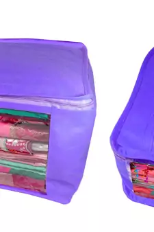 Atorakushon non wovan Fabric Combo Saree Cover Blouse Clothes Storage Bag Wardrobe Organiser Set of 2 (Blue)