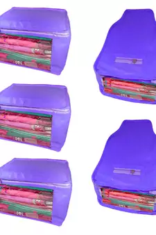 Atorakushon non wovan Fabric Combo Saree Cover Blouse Clothes Storage Bag Wardrobe Organiser Set of 5 (Blue)