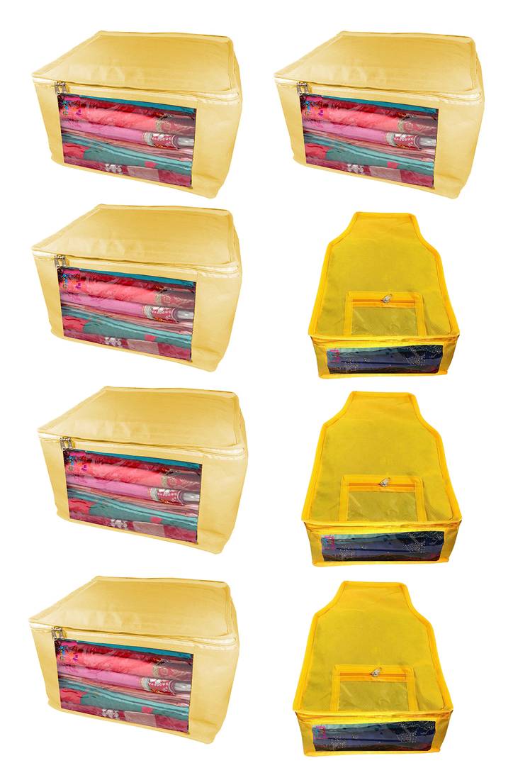 Atorakushon non wovan Fabric Combo Saree Cover Blouse Clothes Storage Bag Wardrobe Organiser Set of 8 (Cream)