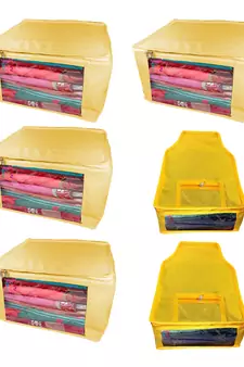 Atorakushon non wovan Fabric Combo Saree Cover Blouse Clothes Storage Bag Wardrobe Organiser Set of 6 (Cream)