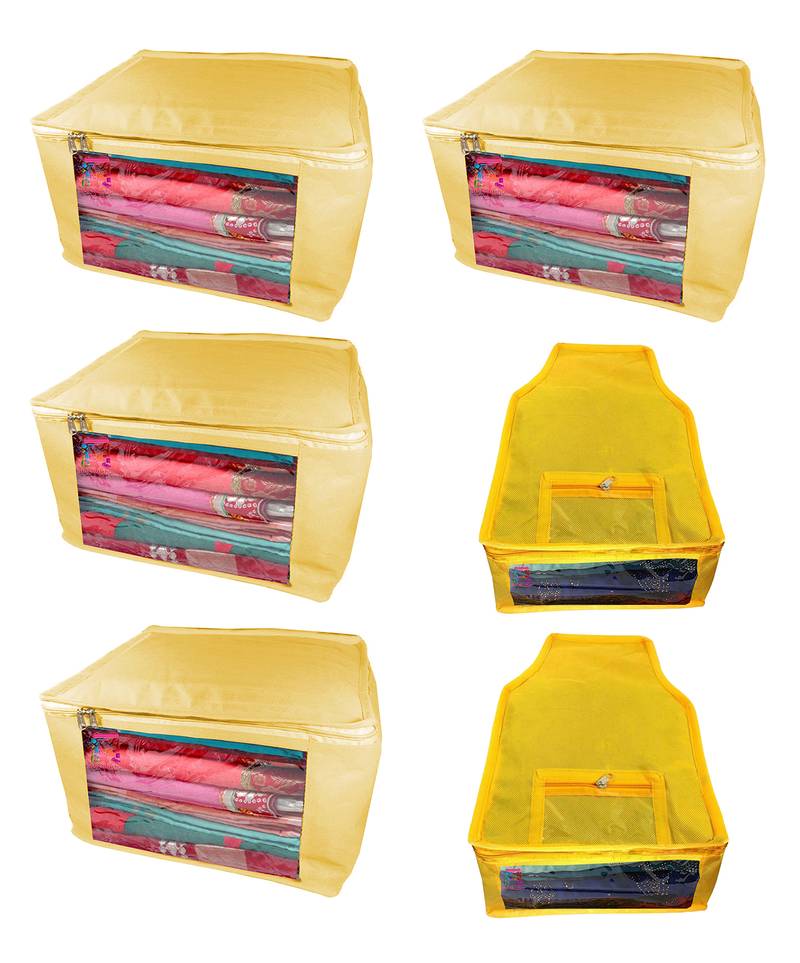 Atorakushon non wovan Fabric Combo Saree Cover Blouse Clothes Storage Bag Wardrobe Organiser Set of 6 (Cream)