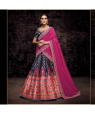 blue embroidered Brocade bridal-lehengas 1