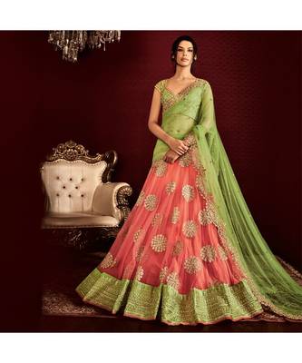 Peach embroidered Net bridal-lehengas 1