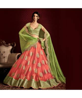 Peach embroidered Net bridal-lehengas 2