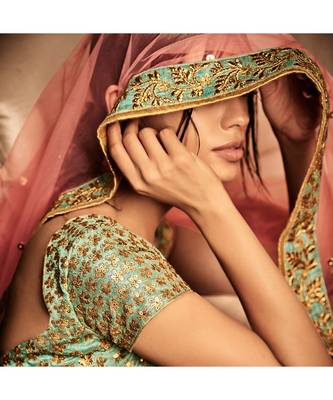 green embroidered Bhagalpuri Silk bridal-lehengas 3