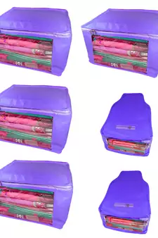Atorakushon non wovan Fabric Combo Saree Cover Blouse Clothes Storage Bag Wardrobe Organiser Set of 6 (Blue)