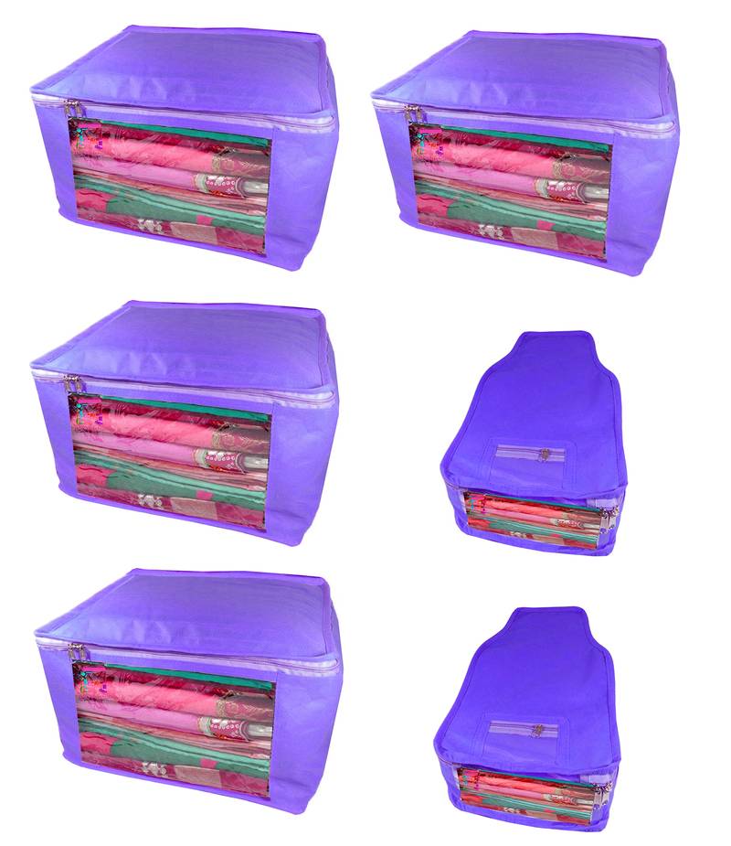 Atorakushon non wovan Fabric Combo Saree Cover Blouse Clothes Storage Bag Wardrobe Organiser Set of 6 (Blue)