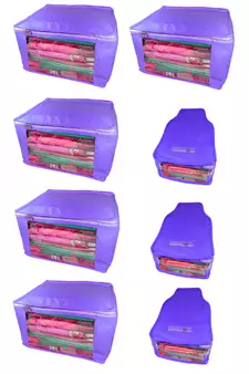 Atorakushon non wovan Fabric Combo Saree Cover Blouse Clothes Storage Bag Wardrobe Organiser Set of 8 (Blue)