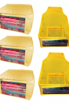 Atorakushon non wovan Fabric Combo Saree Cover Blouse Clothes Storage Bag Wardrobe Organiser Set of 5 (Cream)