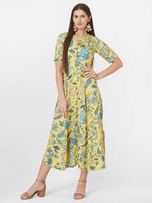 Yellow printed viscose rayon ethnic-kurtis 1
