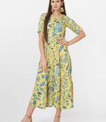 Yellow printed viscose rayon ethnic-kurtis