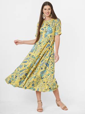 Yellow printed viscose rayon ethnic-kurtis 4