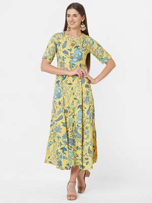 Yellow printed viscose rayon ethnic-kurtis 5