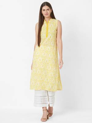 Yellow printed cotton ethnic-kurtis 1
