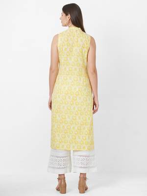 Yellow printed cotton ethnic-kurtis 2