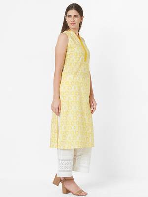 Yellow printed cotton ethnic-kurtis 3