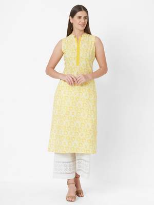 Yellow printed cotton ethnic-kurtis 4
