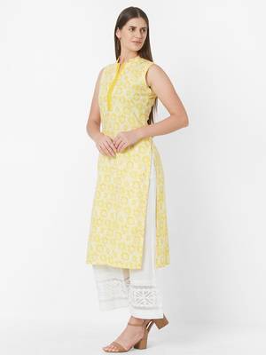 Yellow printed cotton ethnic-kurtis 5