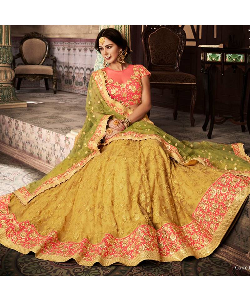 Yellow embroidered Mono Net bridallehengas Nakkashi 3297691