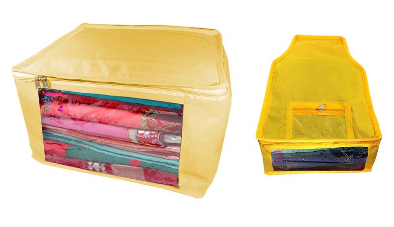 Atorakushon non wovan Fabric Combo Saree Cover Blouse Clothes Storage Bag Wardrobe Organiser Set of 2 (Cream)