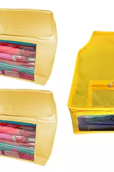 Atorakushon non wovan Fabric Combo Saree Cover Blouse Clothes Storage Bag Wardrobe Organiser Set of 3 (Cream)