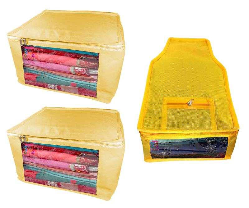 Atorakushon non wovan Fabric Combo Saree Cover Blouse Clothes Storage Bag Wardrobe Organiser Set of 3 (Cream)