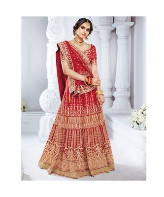 Red embroidered Bhagalpuri Silk bridal-lehengas 1