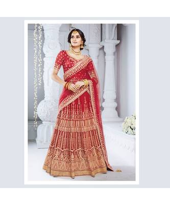 Red embroidered Bhagalpuri Silk bridal-lehengas 2
