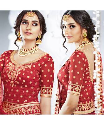 Red embroidered Bhagalpuri Silk bridal-lehengas 3