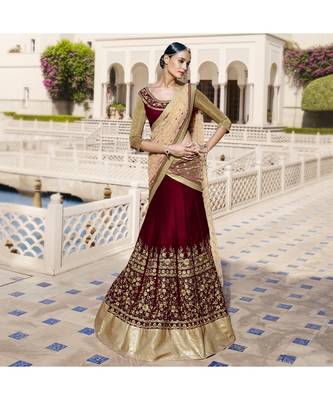 Maroon embroidered Velvet bridal-lehengas 1