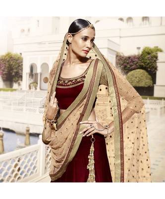 Maroon embroidered Velvet bridal-lehengas 3