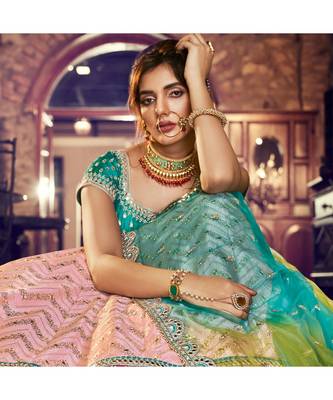 Peach embroidered satin bridal-lehengas 3