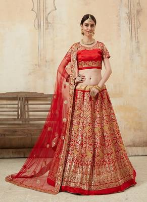 Red embroidered satin semi stitched lehenga 2