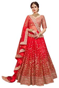 Red embroidered net semi stitched lehenga