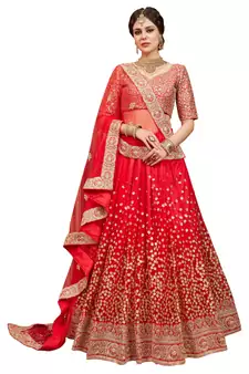 Red embroidered net semi stitched lehenga