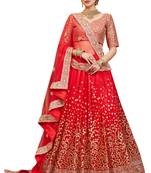 Red embroidered net semi stitched lehenga