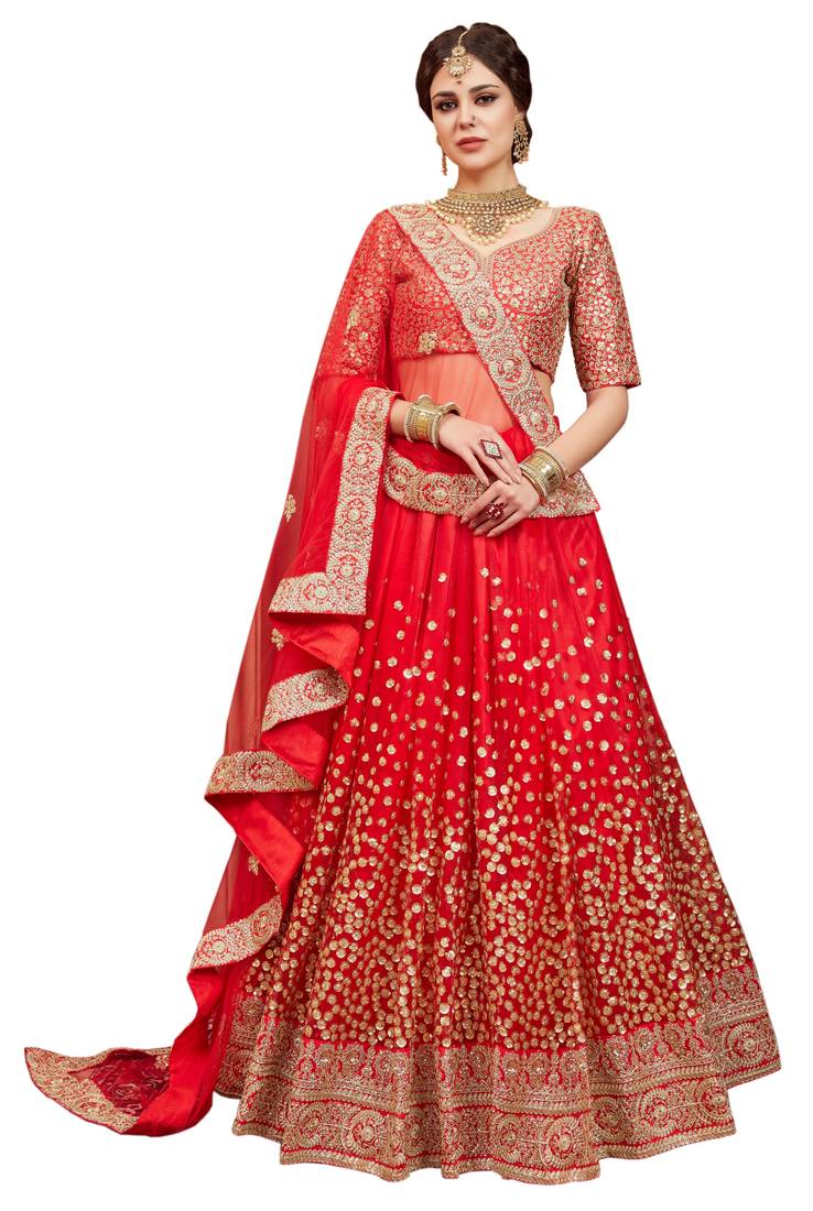 Red embroidered net semi stitched lehenga