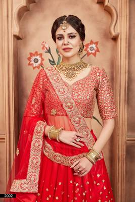 Red embroidered net semi stitched lehenga 2