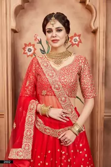 Red embroidered net semi stitched lehenga